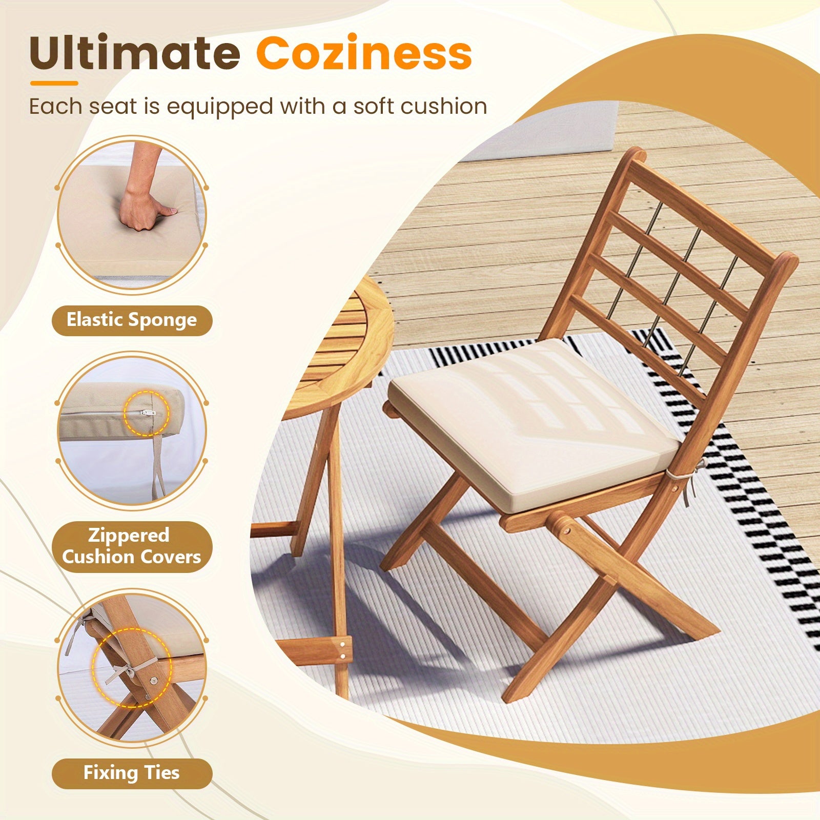 Multigot 3 Piece Patio Wood Bistro Set, Folding Table Chair Set w\u002F Soft Seat Cushions, Sturdy Acacia Wood Frame, High-Back Portable Chairs w\u002F Table for Backyard, Poolside, Porch