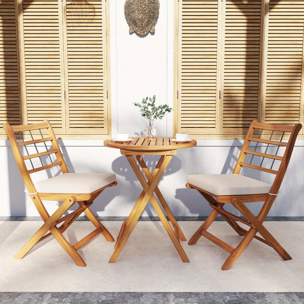 Multigot 3 Piece Patio Wood Bistro Set, Folding Table Chair Set w\u002F Soft Seat Cushions, Sturdy Acacia Wood Frame, High-Back Portable Chairs w\u002F Table for Backyard, Poolside, Porch