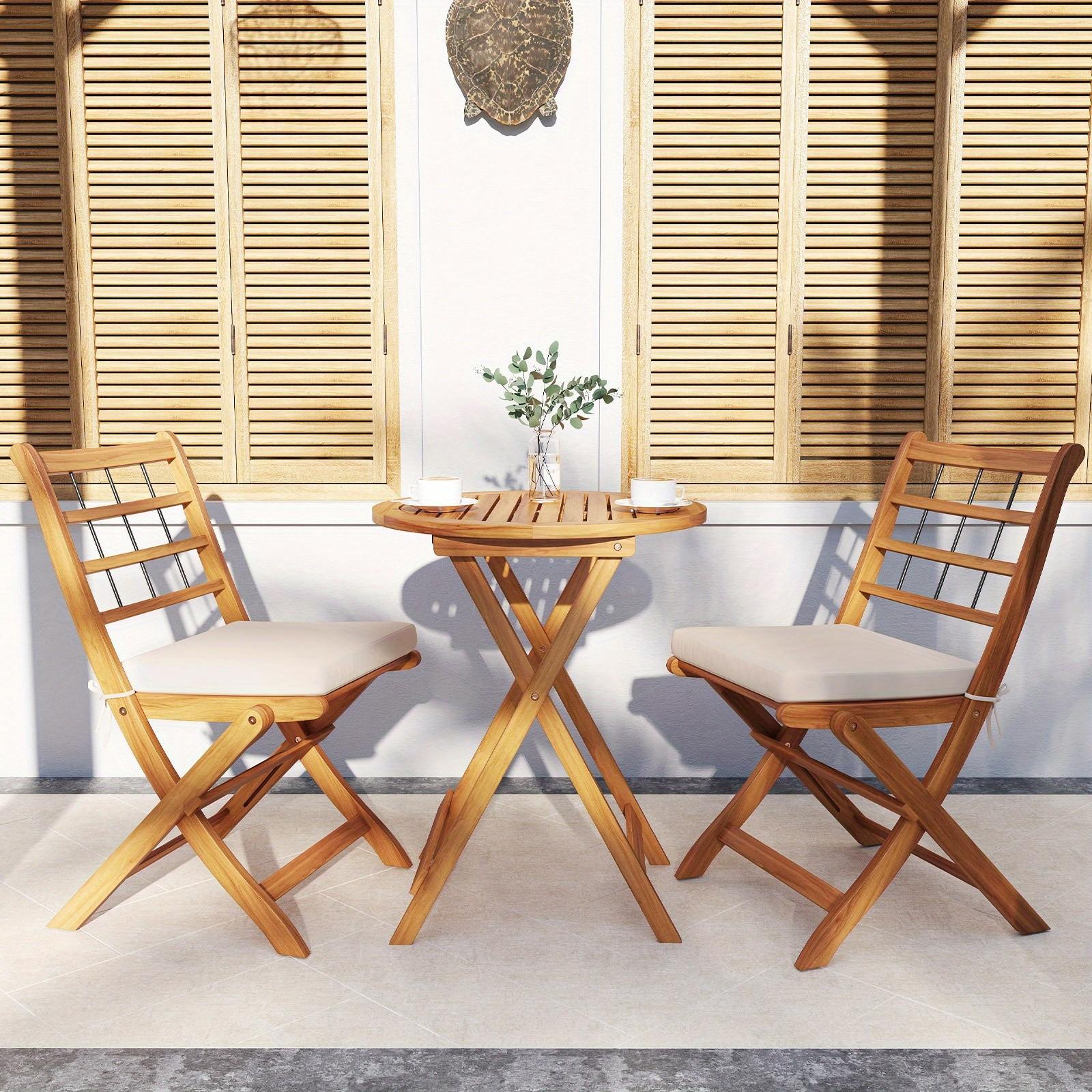 Multigot 3 Piece Patio Wood Bistro Set, Folding Table Chair Set w\u002F Soft Seat Cushions, Sturdy Acacia Wood Frame, High-Back Portable Chairs w\u002F Table for Backyard, Poolside, Porch