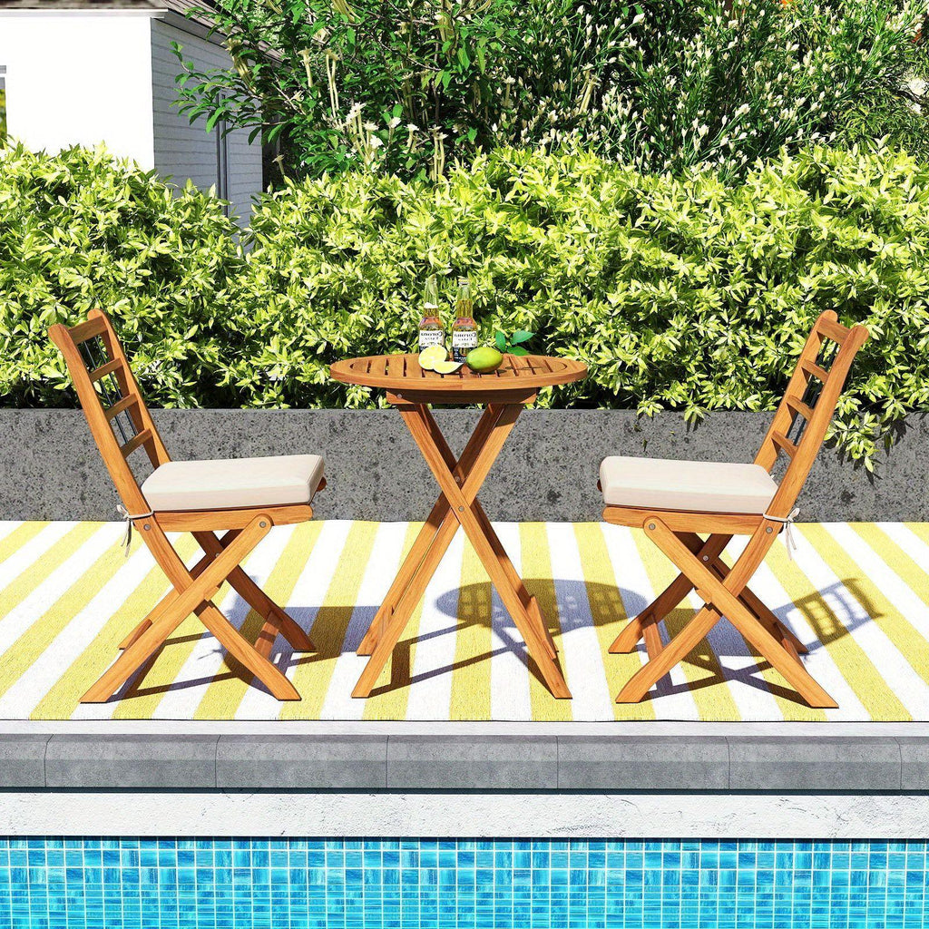 Multigot 3 Piece Patio Wood Bistro Set, Folding Table Chair Set w\u002F Soft Seat Cushions, Sturdy Acacia Wood Frame, High-Back Portable Chairs w\u002F Table for Backyard, Poolside, Porch