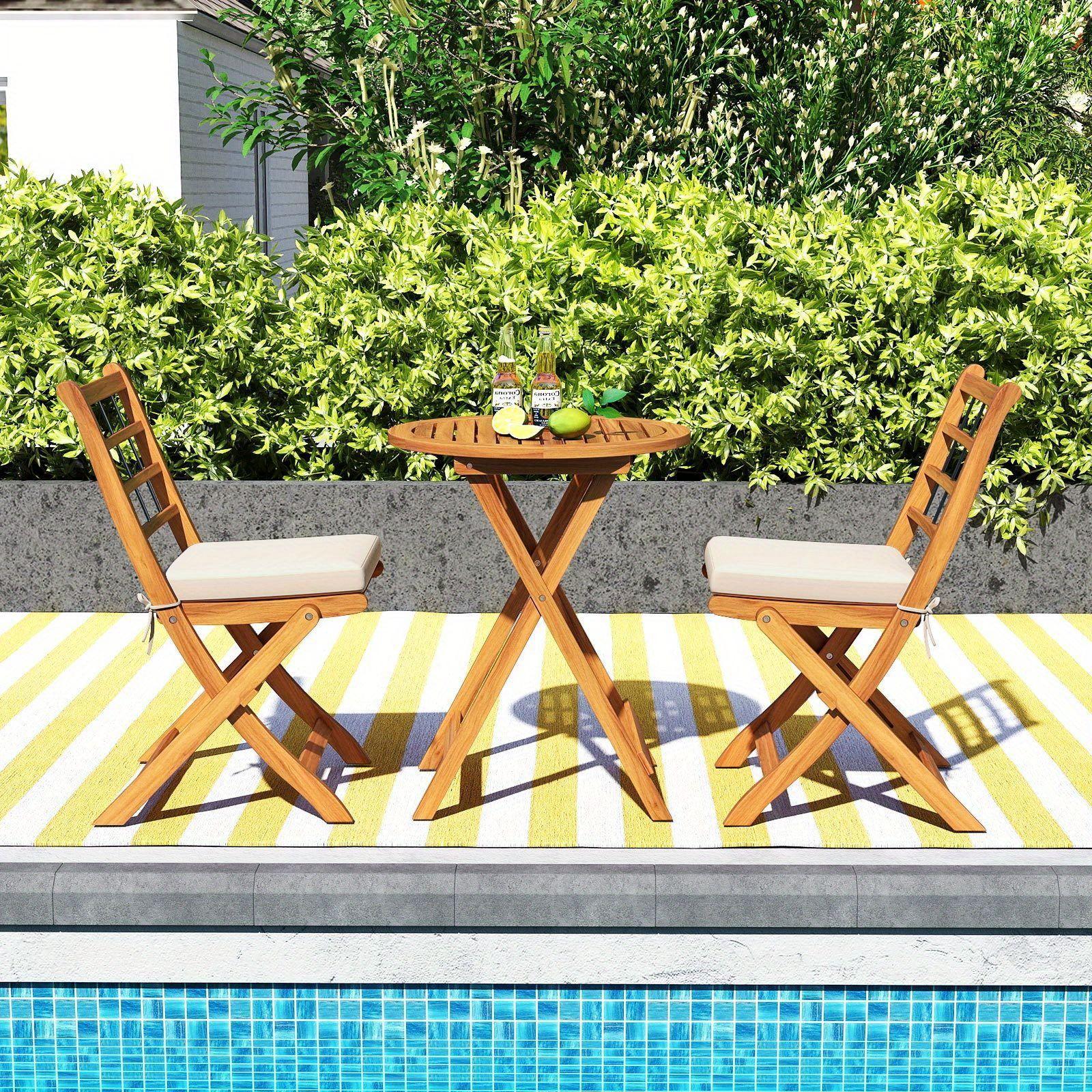 Multigot 3 Piece Patio Wood Bistro Set, Folding Table Chair Set w\u002F Soft Seat Cushions, Sturdy Acacia Wood Frame, High-Back Portable Chairs w\u002F Table for Backyard, Poolside, Porch