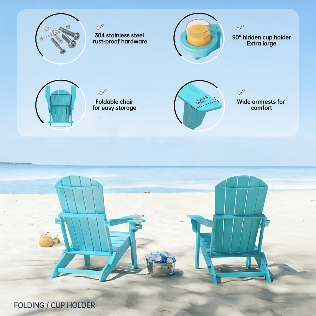Folding Adirondack Chair 4 Pack, HDPE All-Weather Fire Pit Chairs, Plastic Adirondack Chairs with Cup Holder, Outdoor Lawn Chair for Patio Garden