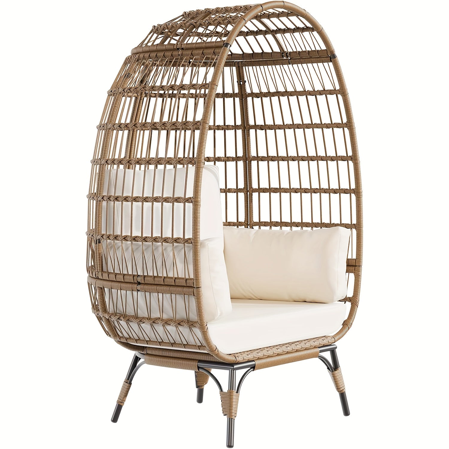 Oversized Rattan Egg Chair Indoor\u002FOutdoor Wicker Egg Basket Lounge Chair Egg Shaped Chair with Steel Frame And 4 Cushions for Patio, Porch, Backyard, Living Room, White\u002FBlack