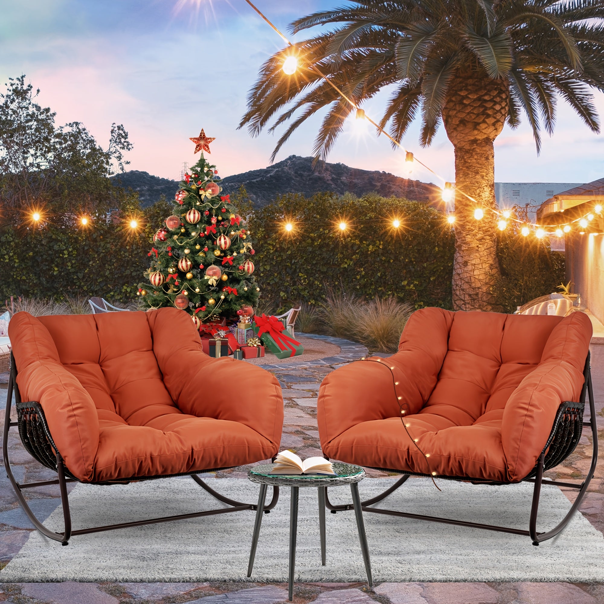 Outdoor Papasan Rocking Chair, Wicker Papasan Patio with Cushion And Pillow, Large Papasan Rocker Egg Chair for Garden And Patio