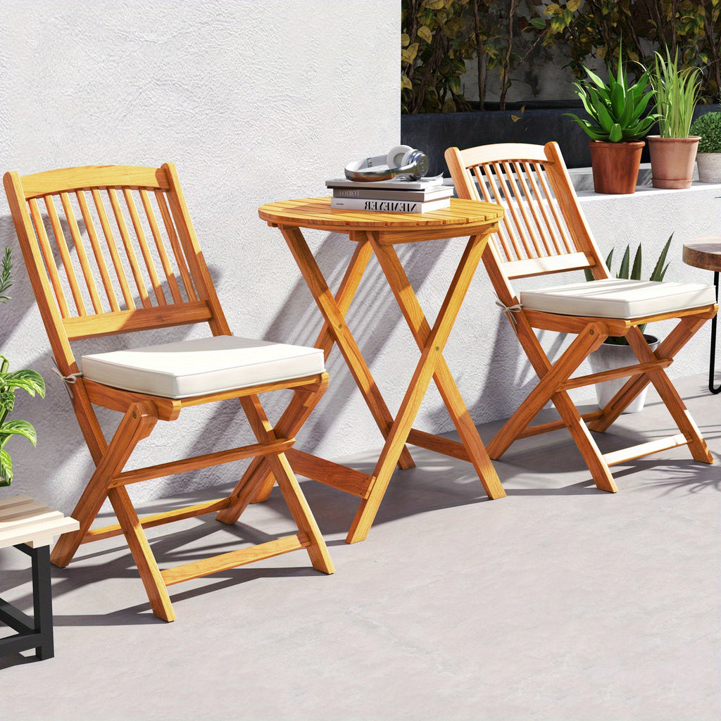 LIFEZEAL 3pcs Acacia Wood Patio Folding Bistro Set, Outdoor Table and Chairs Set with Soft Cushions, Patio Furniture Set for Porch, Balcony, Garden, Deck and Backyard.