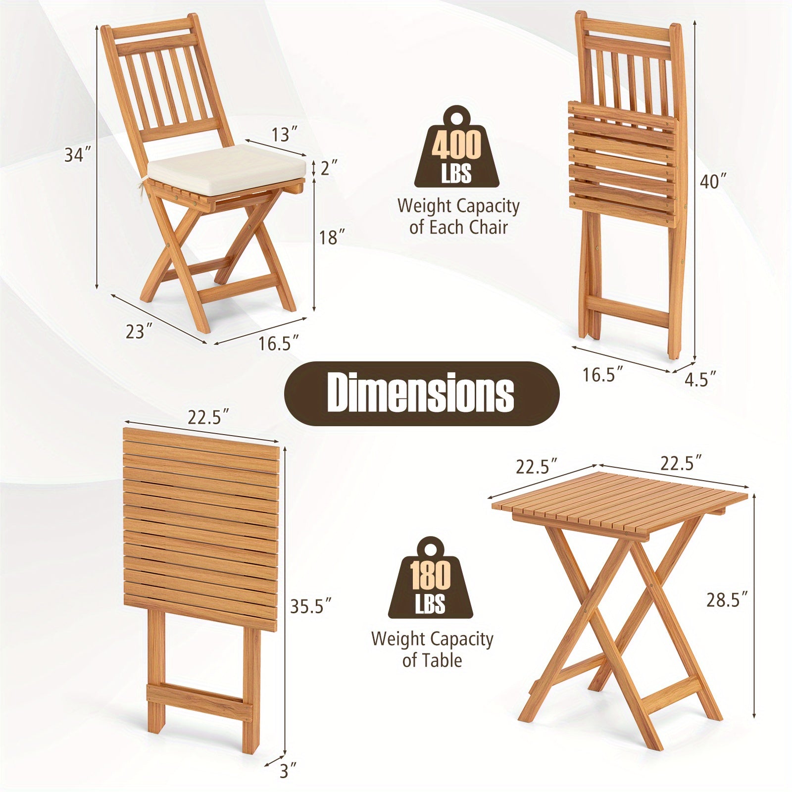 COSTWAY Outdoor Wooden Bistro Set, Folding Chair And Table Set with Comfortable Seat Cushions, Acacia Wood High Back Armless Chairs with Table, Patio Dining Set with Cushions for Backyard And Poolside.