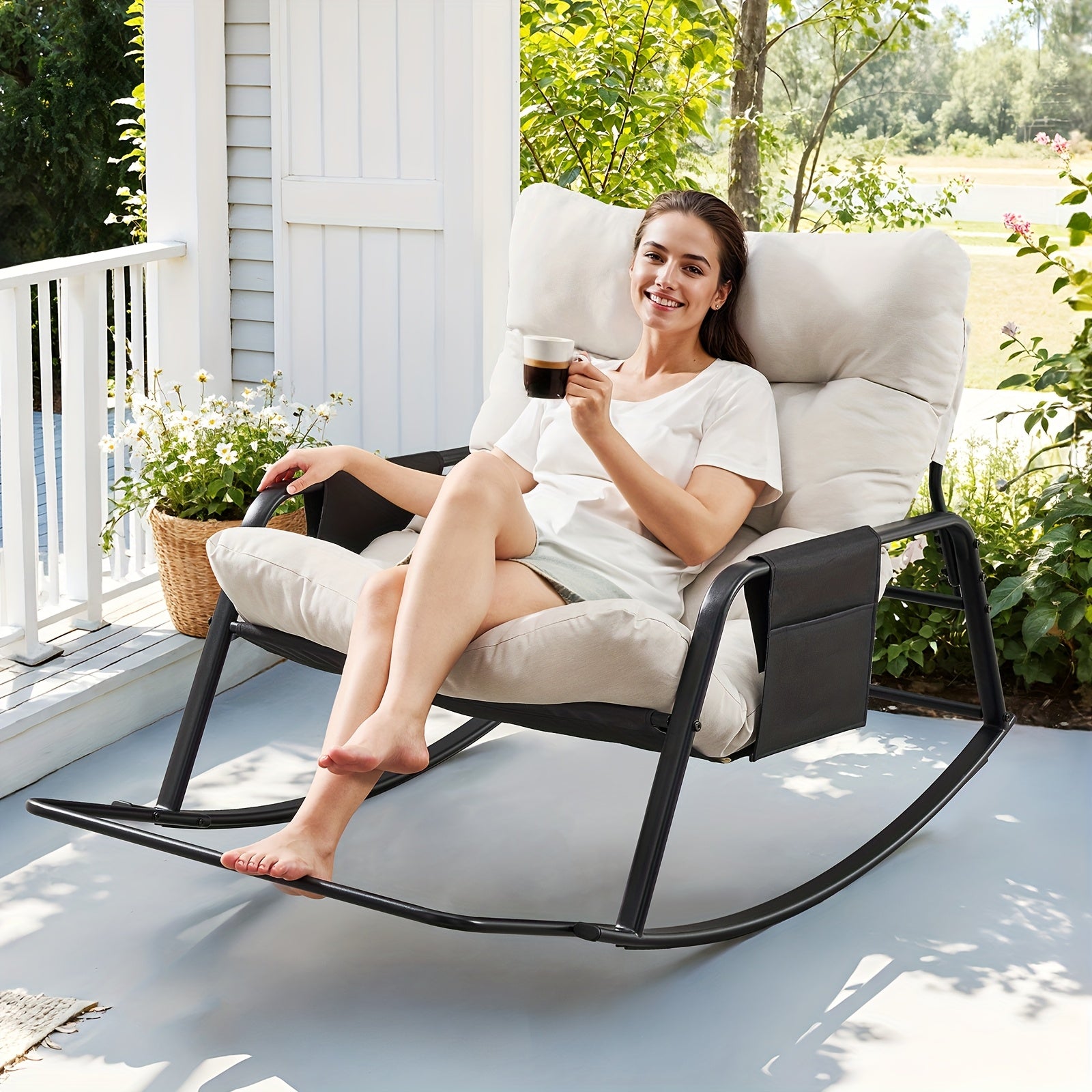 Oversized Papasan Chair, Outdoor Patio Rocking Chair, Lounge Egg Chair, Comfortable Reading Chair With Cushions, For Deck\u002Fgarden\u002Fpatio\u002Fcamping, Patio Furniture Outdoor