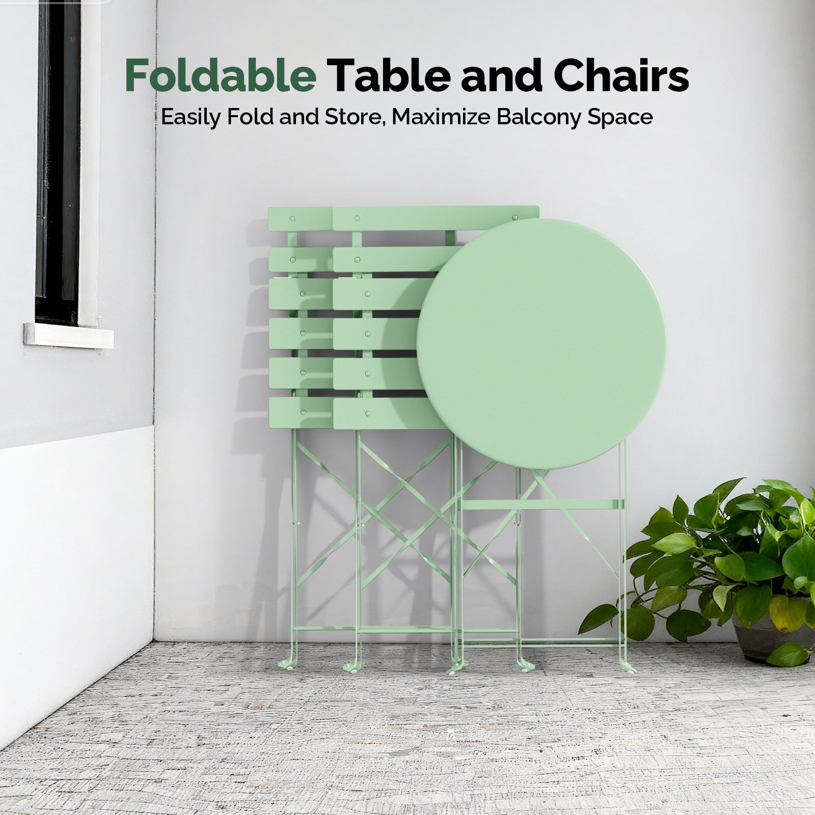 3-Piece Folding Bistro Set, Space-Saving Outdoor Patio Table and Chairs, Weather-Resistant Steel Furniture Set for Balcony Porch Garden, Black\u002FYellow\u002FGreen