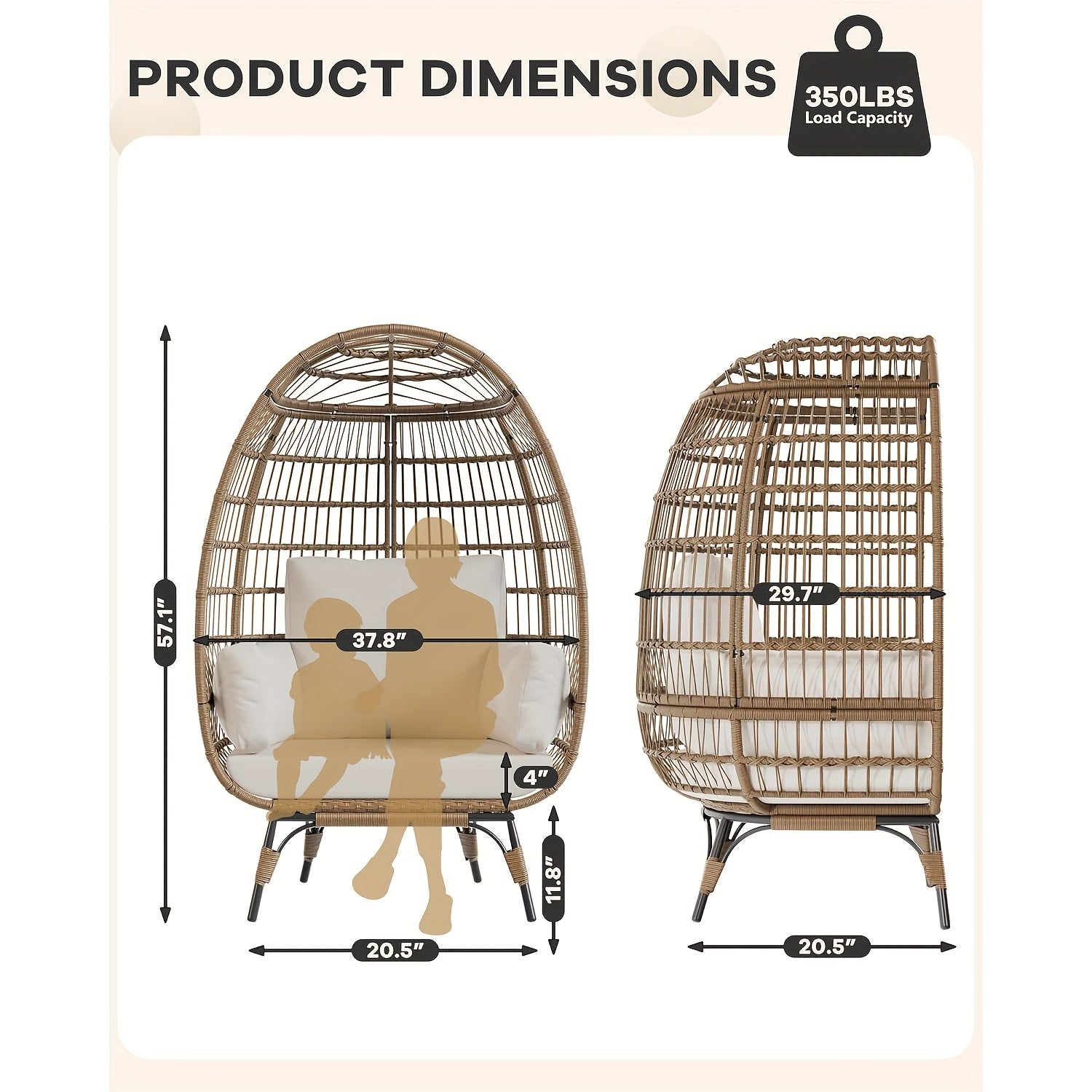 Oversized Rattan Egg Chair Indoor\u002FOutdoor Wicker Egg Basket Lounge Chair Egg Shaped Chair with Steel Frame And 4 Cushions for Patio, Porch, Backyard, Living Room, White\u002FBlack