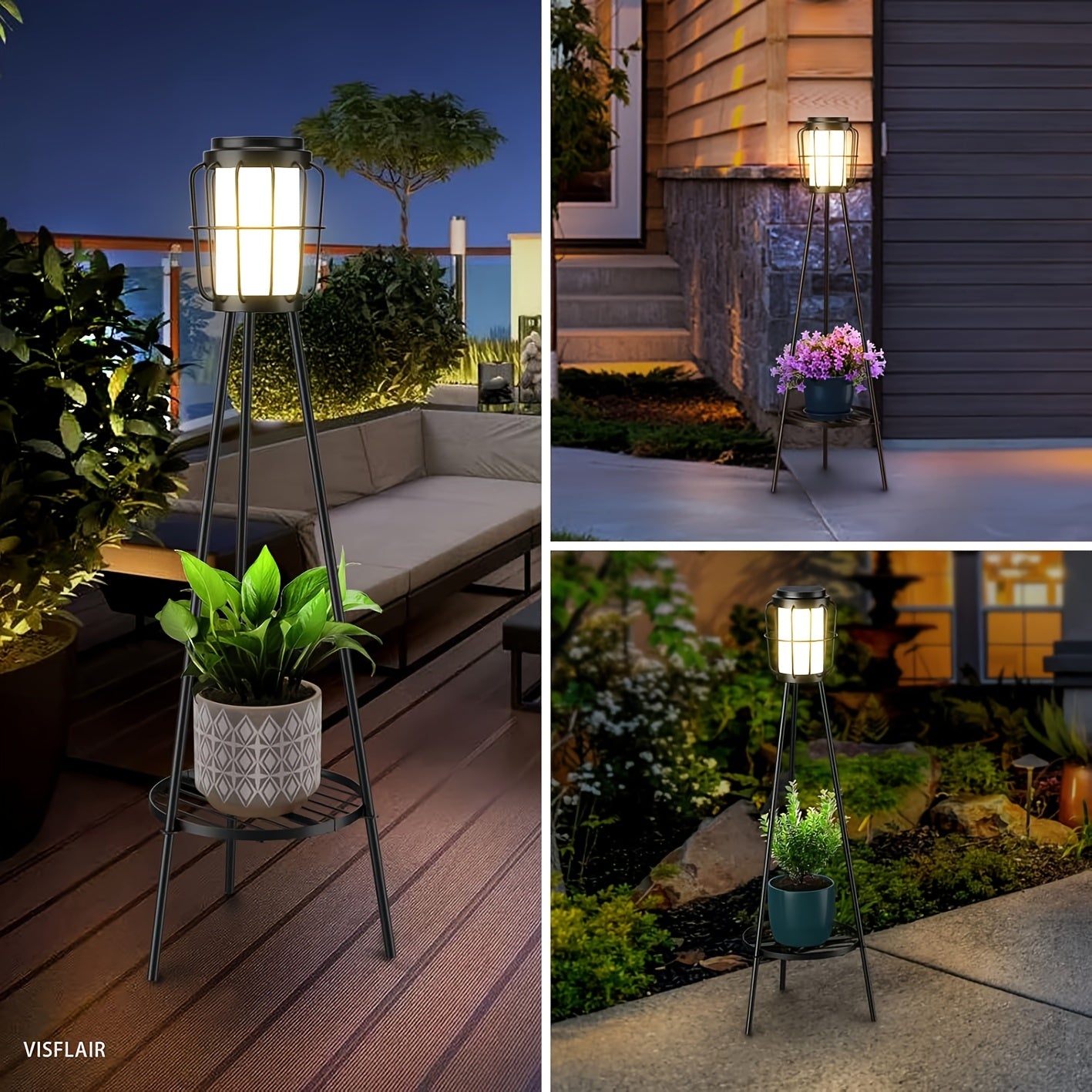 Solar Floor Lamps Outdoor With Metal Plant Stands, 36inch Solar Floor Lights Flower Shelf For Patio Deck Yard Garden, Outdoor Gardens Decor Gifts