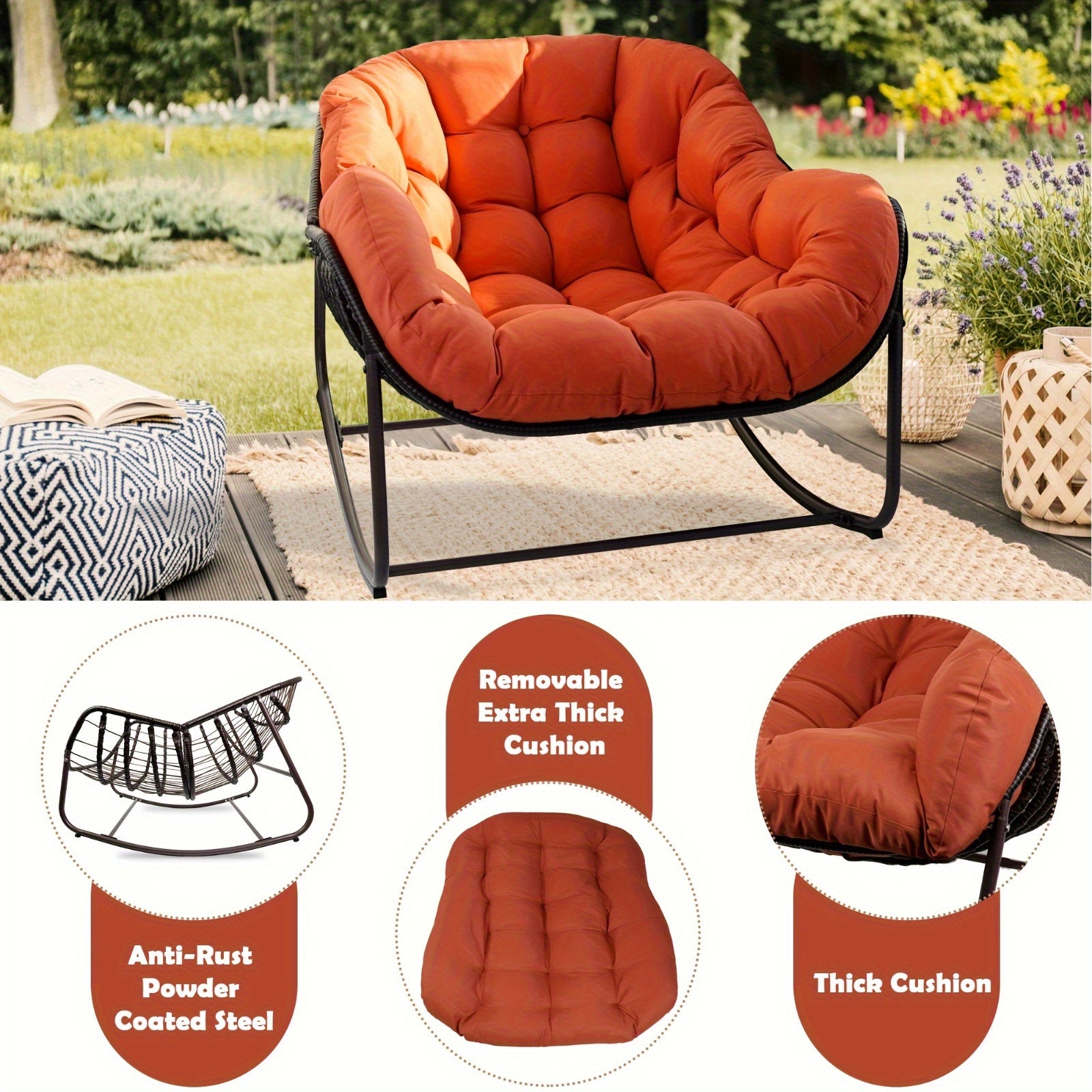 Outdoor Papasan Rocking Chair, Wicker Papasan Patio with Cushion And Pillow, Large Papasan Rocker Egg Chair for Garden And Patio