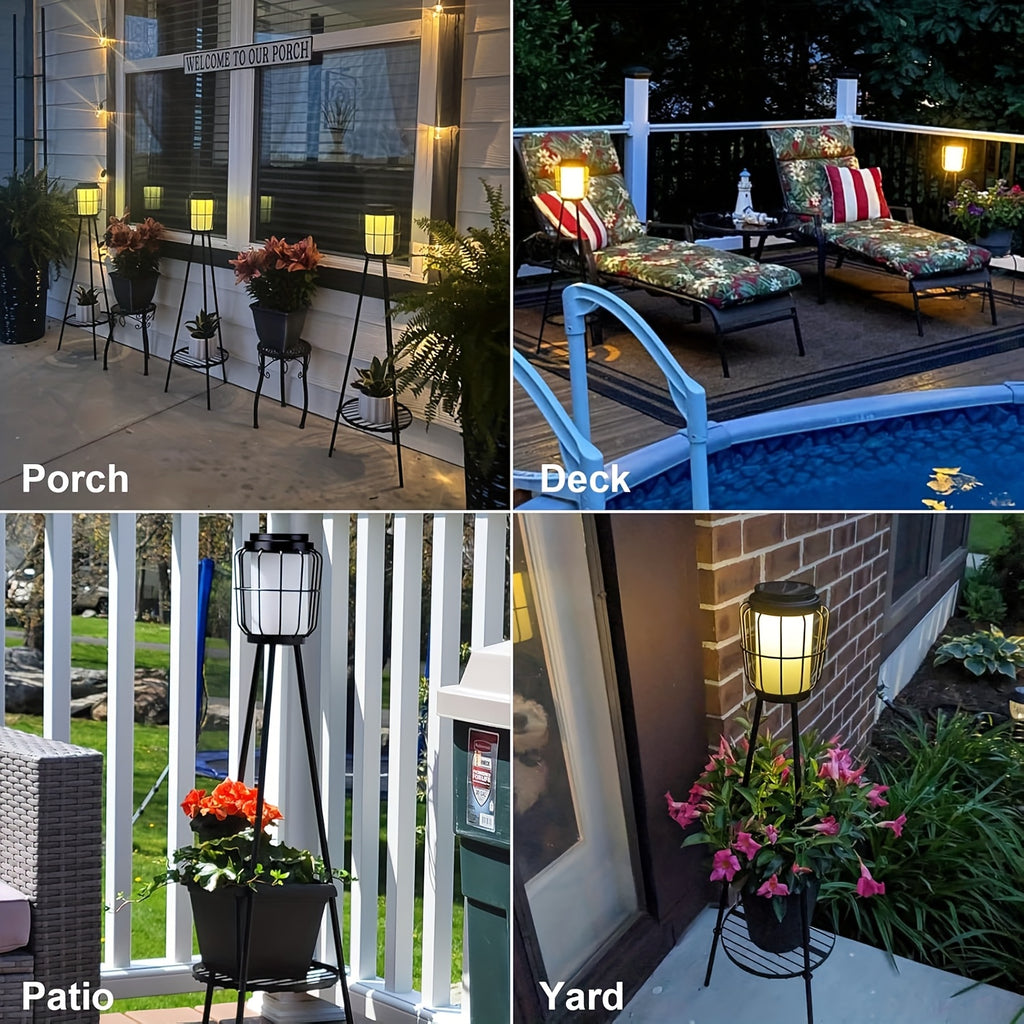 Solar Floor Lamps Outdoor With Metal Plant Stands, 36inch Solar Floor Lights Flower Shelf For Patio Deck Yard Garden, Outdoor Gardens Decor Gifts