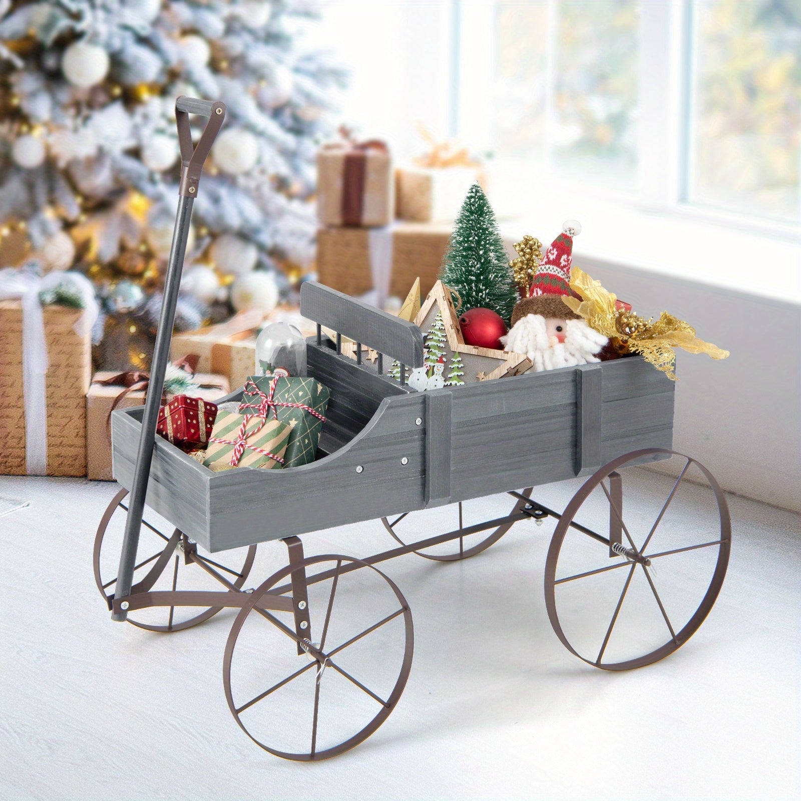 LIFEZEAL Flower Stand W\u002F4 Metal Wheels, Solid Wood Planting Trolley, Flower Trolley Wooden Trolley W\u002F15 kg (33lbs) a Load Capacity, Flower Box for Garden, Balcony, Terrace, Brown\u002F Green\u002F Red\u002F Blue\u002F Gray