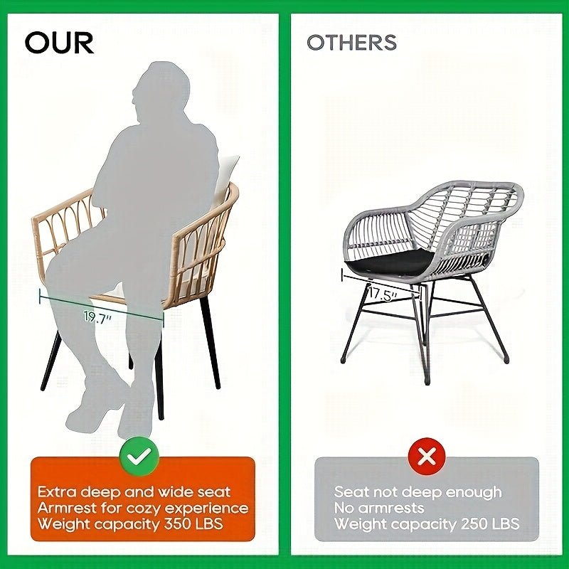 Three-Piece Bistro Furniture Set, Wicker Collection for Outdoor Spaces Like Balconies, Backyards, Pools, Porches, And Decks, Includes Rattan Conversation Table And Cushions in Tan-Beige