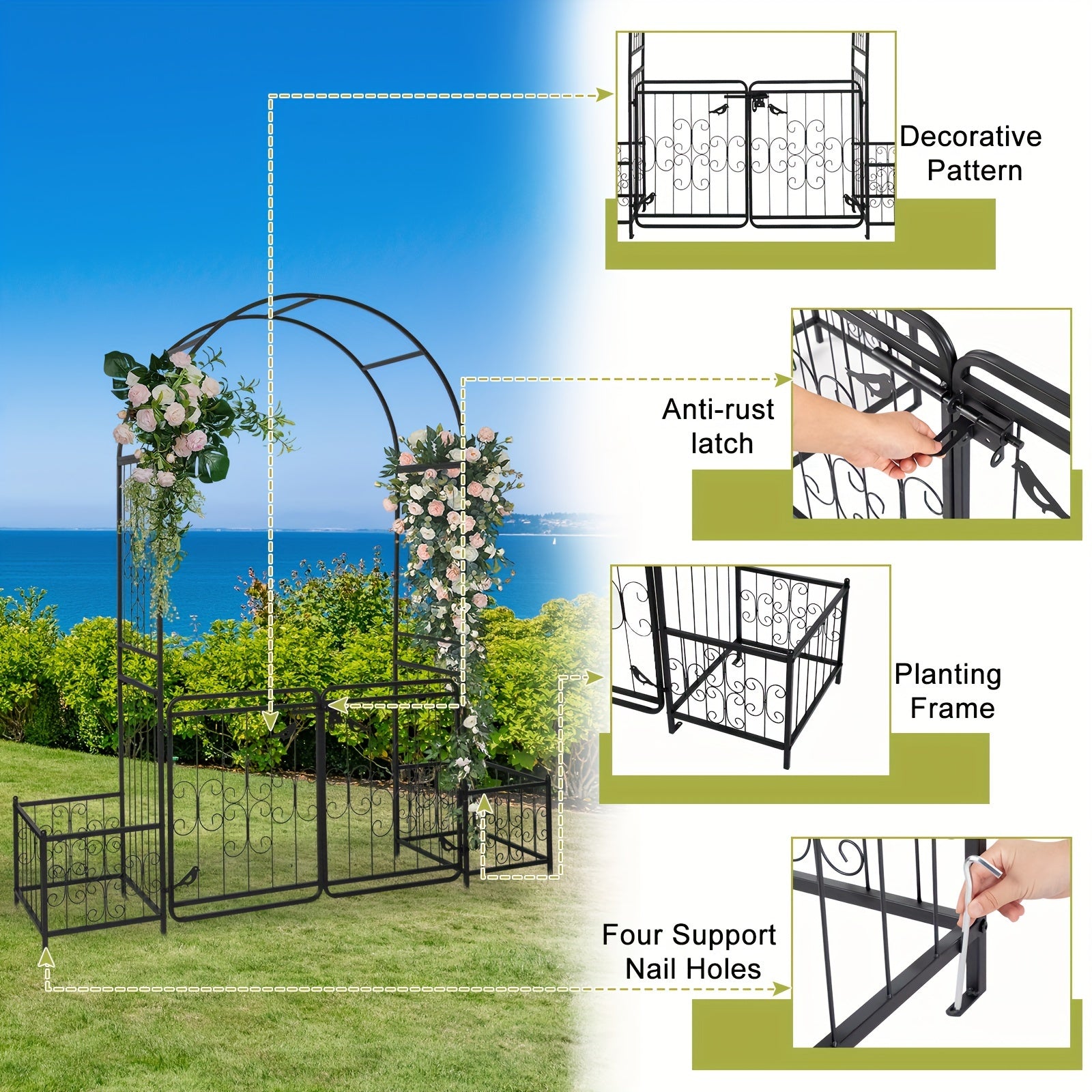Large Size 7, 2ft Round Top With Door And Planting Frame, Black Iron Art, 16mm Pipe, Iron Arch, Courtyard (additional Styles Are Available For You To Choose)