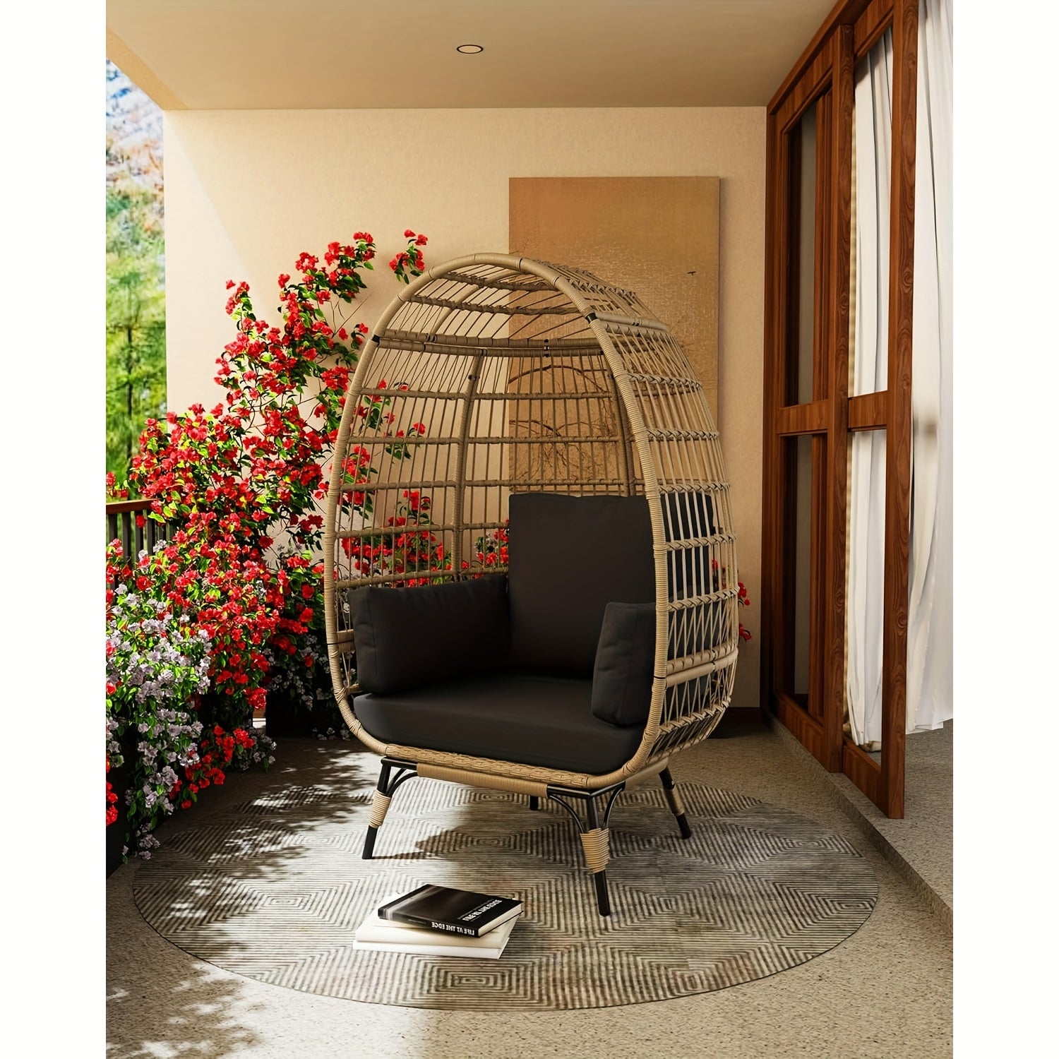 Oversized Rattan Egg Chair Indoor\u002FOutdoor Wicker Egg Basket Lounge Chair Egg Shaped Chair with Steel Frame And 4 Cushions for Patio, Porch, Backyard, Living Room, White\u002FBlack