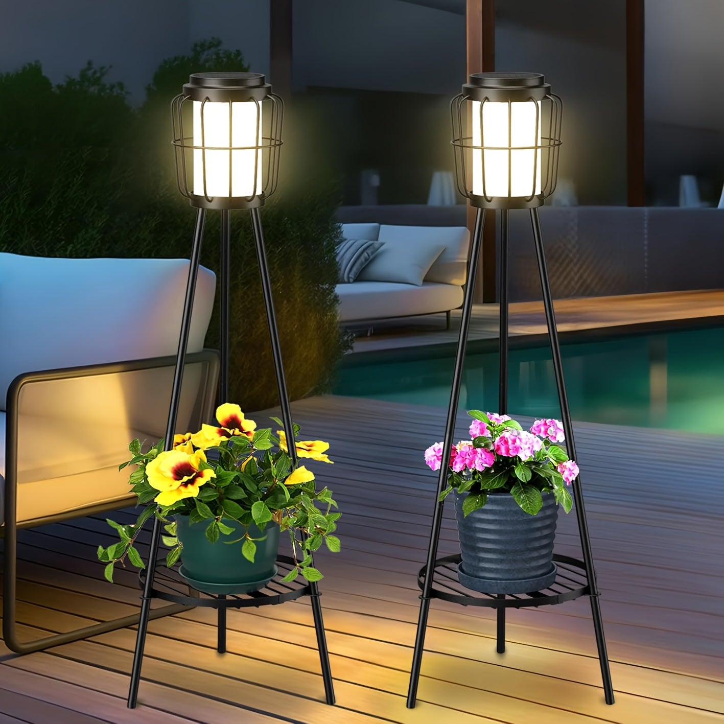 Solar Floor Lamps Outdoor With Metal Plant Stands, 36inch Solar Floor Lights Flower Shelf For Patio Deck Yard Garden, Outdoor Gardens Decor Gifts