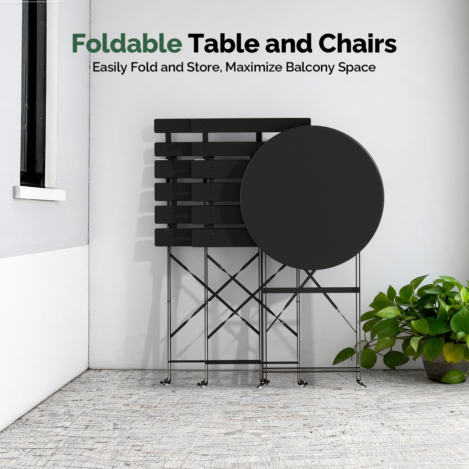 3-Piece Folding Bistro Set, Space-Saving Outdoor Patio Table and Chairs, Weather-Resistant Steel Furniture Set for Balcony Porch Garden, Black\u002FYellow\u002FGreen