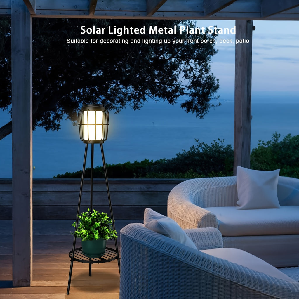 Solar Floor Lamps Outdoor With Metal Plant Stands, 36inch Solar Floor Lights Flower Shelf For Patio Deck Yard Garden, Outdoor Gardens Decor Gifts