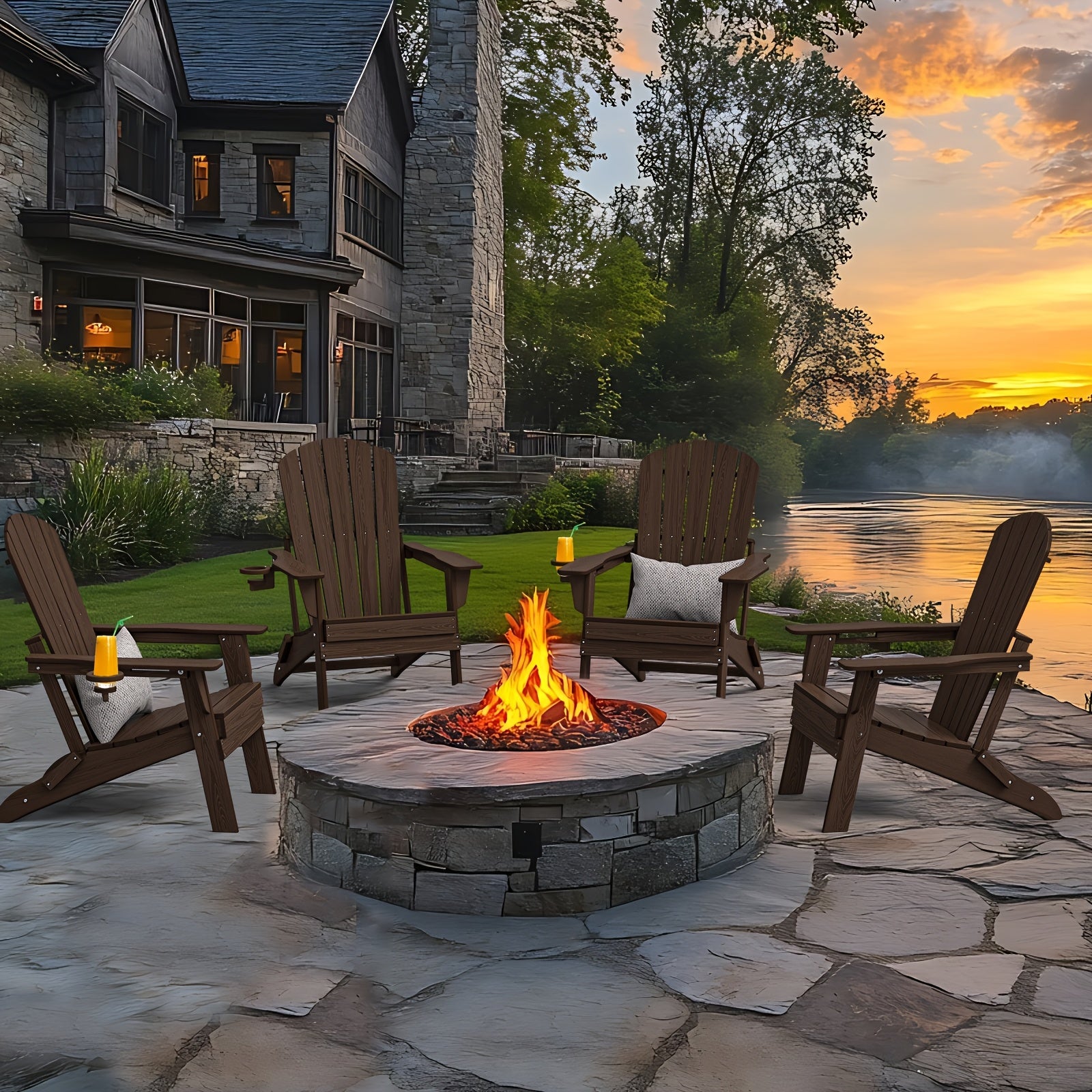 Folding Adirondack Chair 4 Pack, HDPE All-Weather Fire Pit Chairs, Plastic Adirondack Chairs with Cup Holder, Outdoor Lawn Chair for Patio Garden