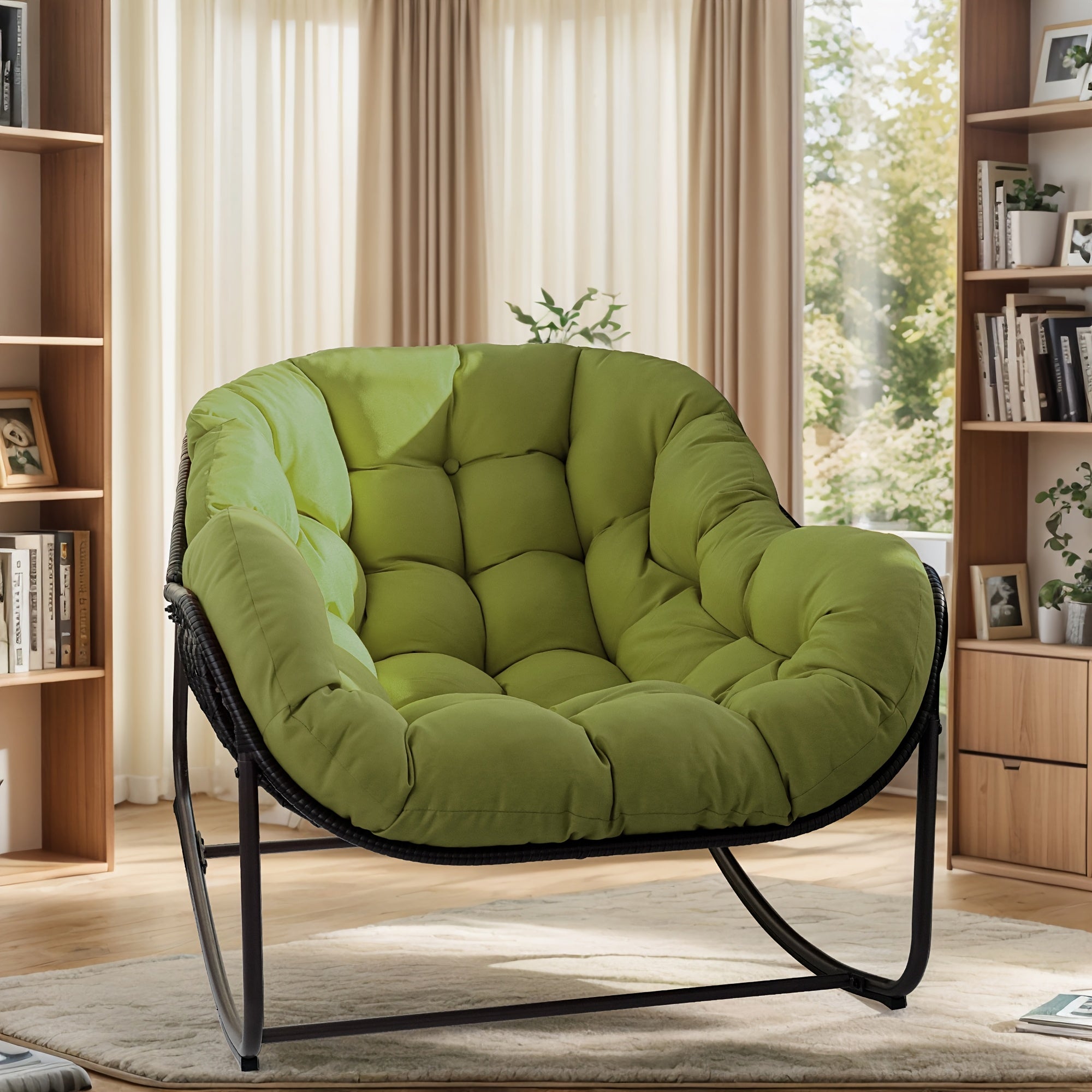 Outdoor Papasan Rocking Chair, Wicker Papasan Patio with Cushion And Pillow, Large Papasan Rocker Egg Chair for Garden And Patio