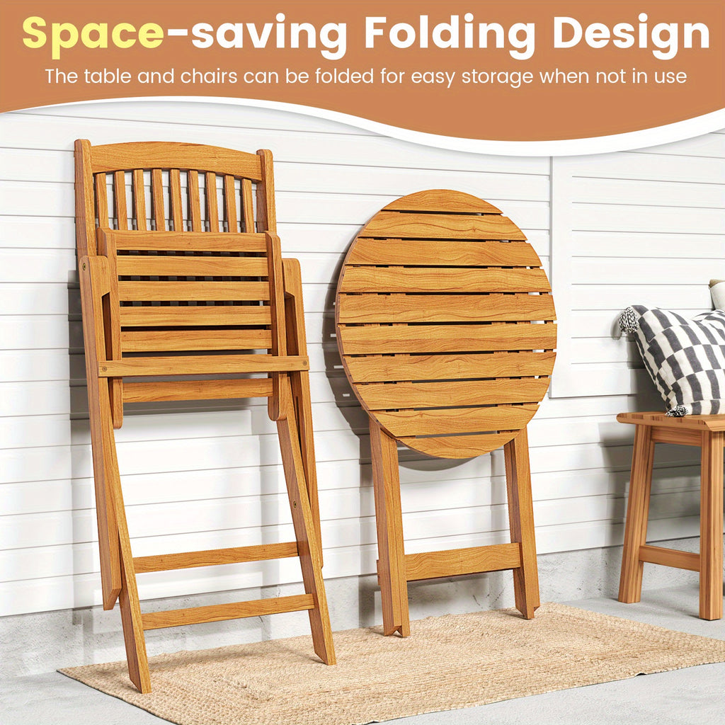 LIFEZEAL 3pcs Acacia Wood Patio Folding Bistro Set, Outdoor Table and Chairs Set with Soft Cushions, Patio Furniture Set for Porch, Balcony, Garden, Deck and Backyard.