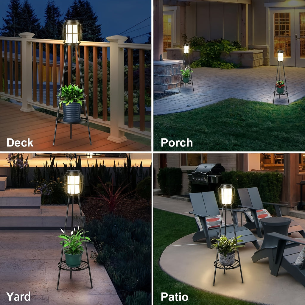 Solar Floor Lamps Outdoor With Metal Plant Stands, 36inch Solar Floor Lights Flower Shelf For Patio Deck Yard Garden, Outdoor Gardens Decor Gifts