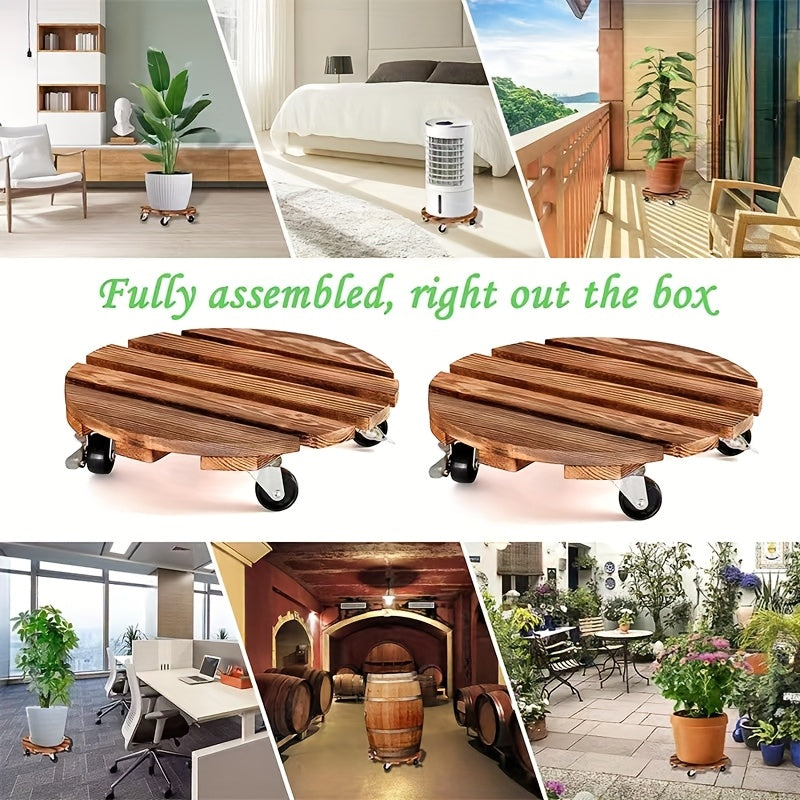 2pcs Wooden Plant Stand with Locking Wheels - Suitable for Indoor\u002FOutdoor Heavy-Duty Rolling Plant Stand, Perfect for Large Potted Plants