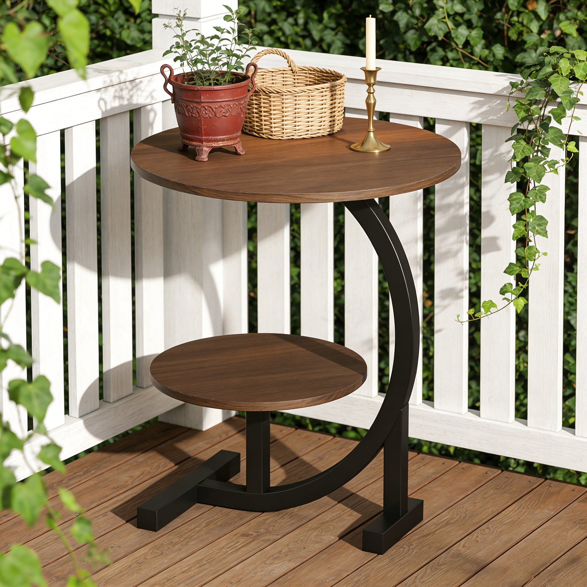 14 Inch Round Metal Solid Wood Arc Side Table | Modern Garden Side Table with Double Layer Storage Shelf - Durable Aluminum Alloy Frame, Polished Surface, Space-Saving Design, Sturdy Base for Terrace, Camping, Balcony or Outdoor Space