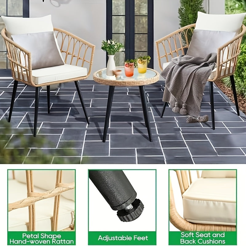 Three-Piece Bistro Furniture Set, Wicker Collection for Outdoor Spaces Like Balconies, Backyards, Pools, Porches, And Decks, Includes Rattan Conversation Table And Cushions in Tan-Beige