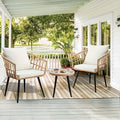 Three-Piece Bistro Furniture Set, Wicker Collection for Outdoor Spaces Like Balconies, Backyards, Pools, Porches, And Decks, Includes Rattan Conversation Table And Cushions in Tan-Beige