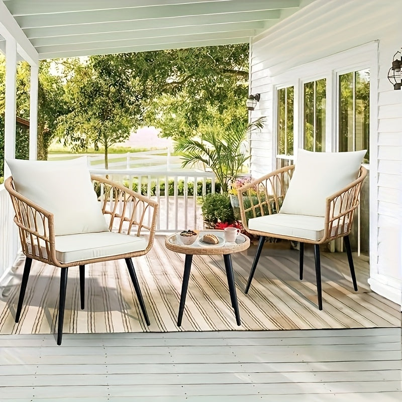 Three-Piece Bistro Furniture Set, Wicker Collection for Outdoor Spaces Like Balconies, Backyards, Pools, Porches, And Decks, Includes Rattan Conversation Table And Cushions in Tan-Beige