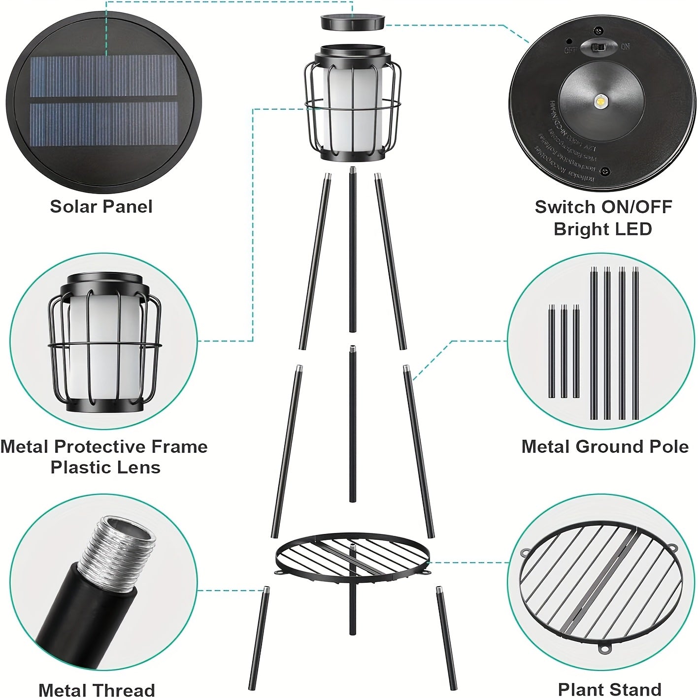 Solar Floor Lamps Outdoor With Metal Plant Stands, 36inch Solar Floor Lights Flower Shelf For Patio Deck Yard Garden, Outdoor Gardens Decor Gifts
