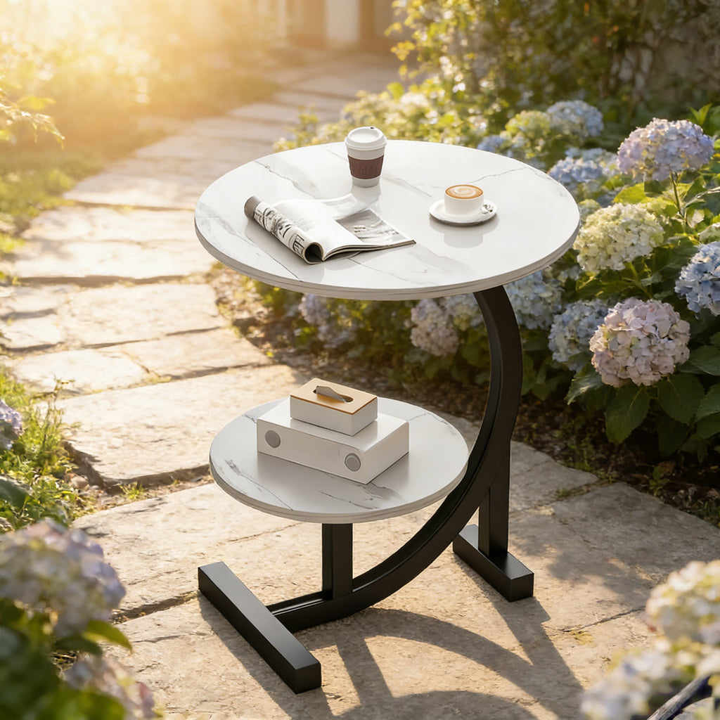 14 Inch Round Metal Solid Wood Arc Side Table | Modern Garden Side Table with Double Layer Storage Shelf - Durable Aluminum Alloy Frame, Polished Surface, Space-Saving Design, Sturdy Base for Terrace, Camping, Balcony or Outdoor Space