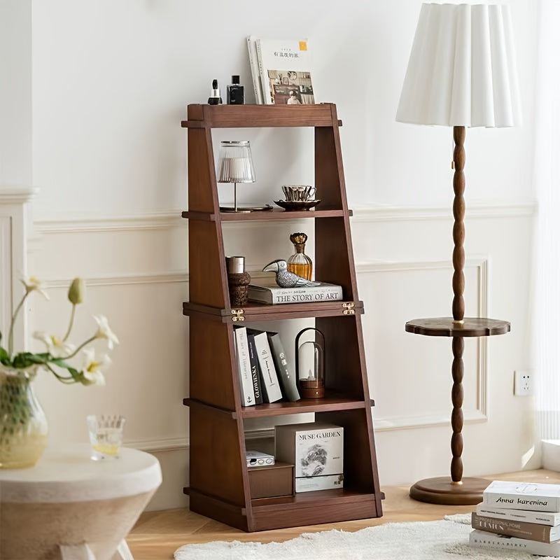 4-Tier Folding Ladder Shelf - Rustic Brown Solid Wood Multi-Purpose Storage Rack, Plant Stand, Bookshelf, And Planter Holder. Ideal For Homes, Bedrooms, Living Rooms, Balconies, And Courtyards. A Versatile Shelving Unit Crafted From Solid Wood.